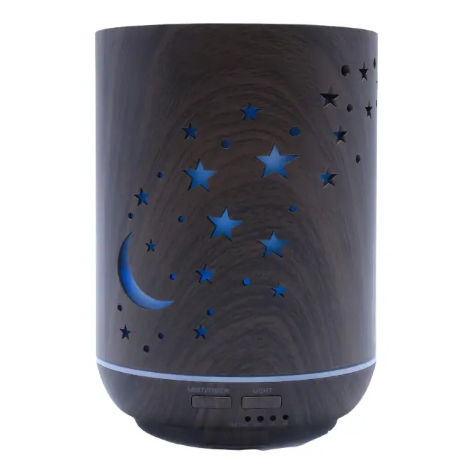 Diffuseur d'huiles essentielles cylindre Lune et Étoiles - Brumisateur nocturne et apaisant