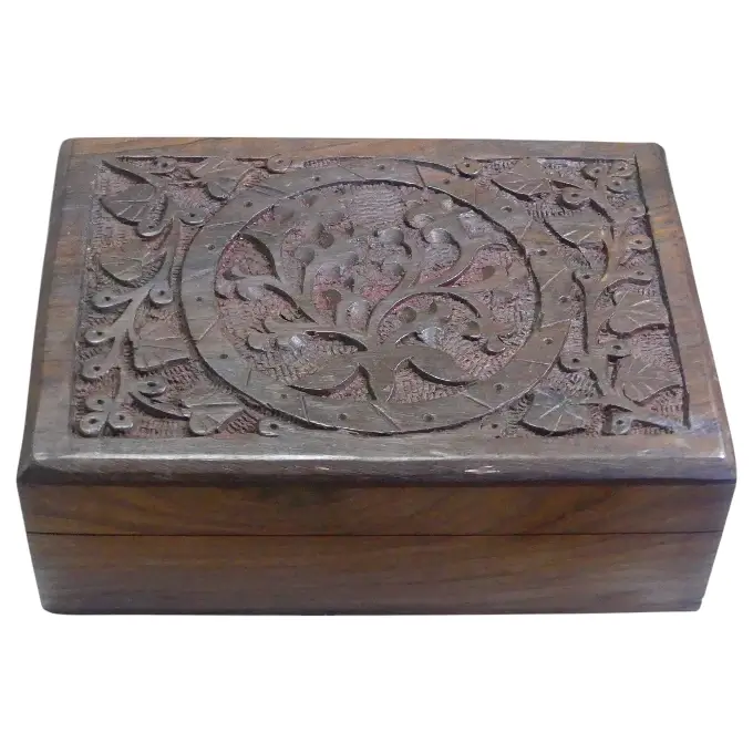 Boîte à bijoux ésotérique en bois avec motif arbre de vie et feuilles