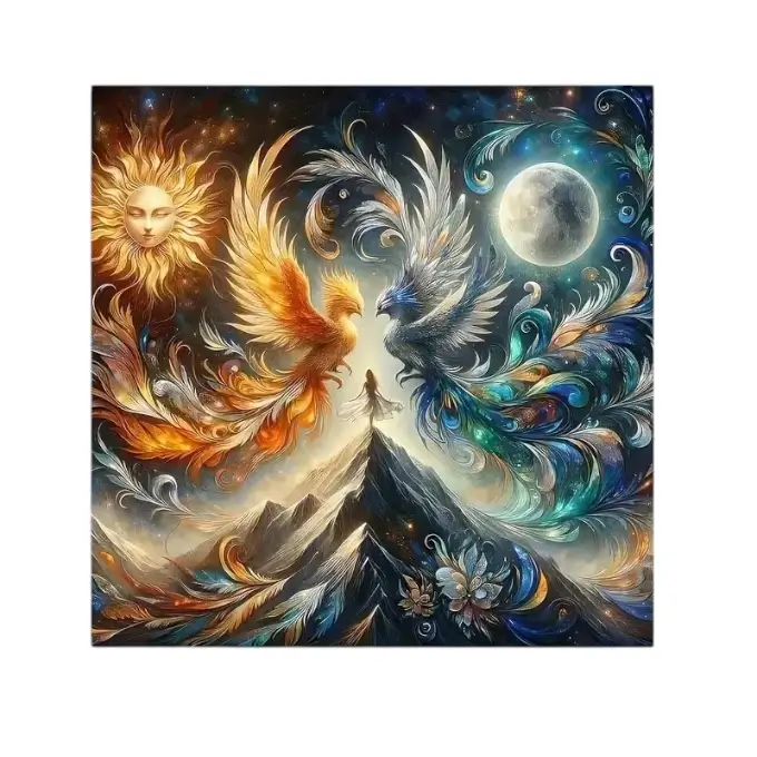 Nappe d'autel Phénix avec femme, soleil et lune sur fond de montagne