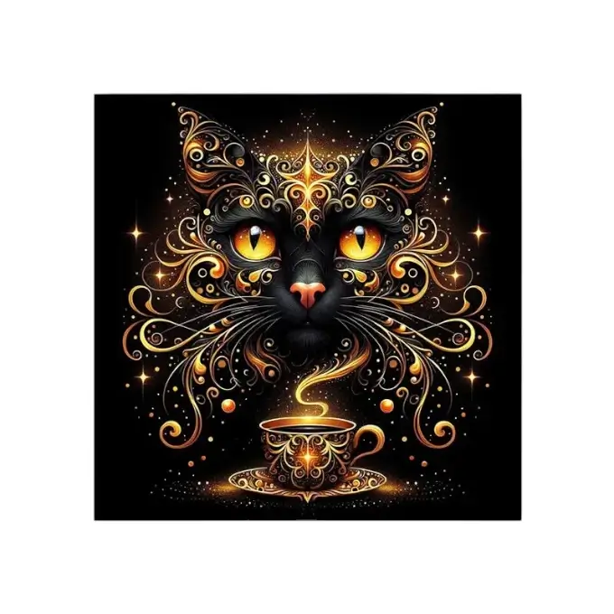 Nappe d'autel avec chat mystique doré sur fond noir