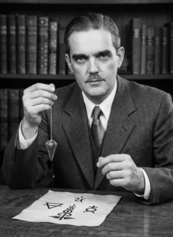 Portrait en noir et blanc de Franz Bardon, maître de l'hermétisme, utilisant un pendule en cristal sur un parchemin alchimique dans son atelier.