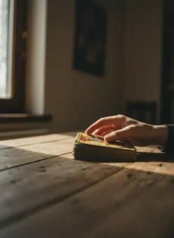 Main tenant délicatement un pendule de voyance en laiton au-dessus d'un jeu de cartes oracle, symbolisant la divination et l'intuition.