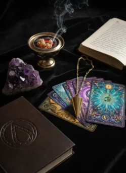 Premier kit ésotérique pour débutant avec pendule en laiton, oracle de Gé, pierre d'améthyste et encensoir traditionnel.