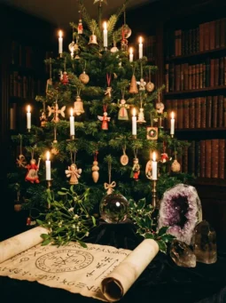 Sapin de Noël décoré de symboles alchimiques et runes pour rituel ésotérique de solstice d'hiver